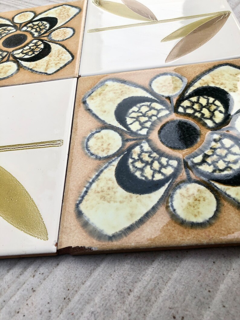 60s 70s Spanish vintage retro tiles – pop art brown + green MCM tiles — set of 4, photo 5 of 8