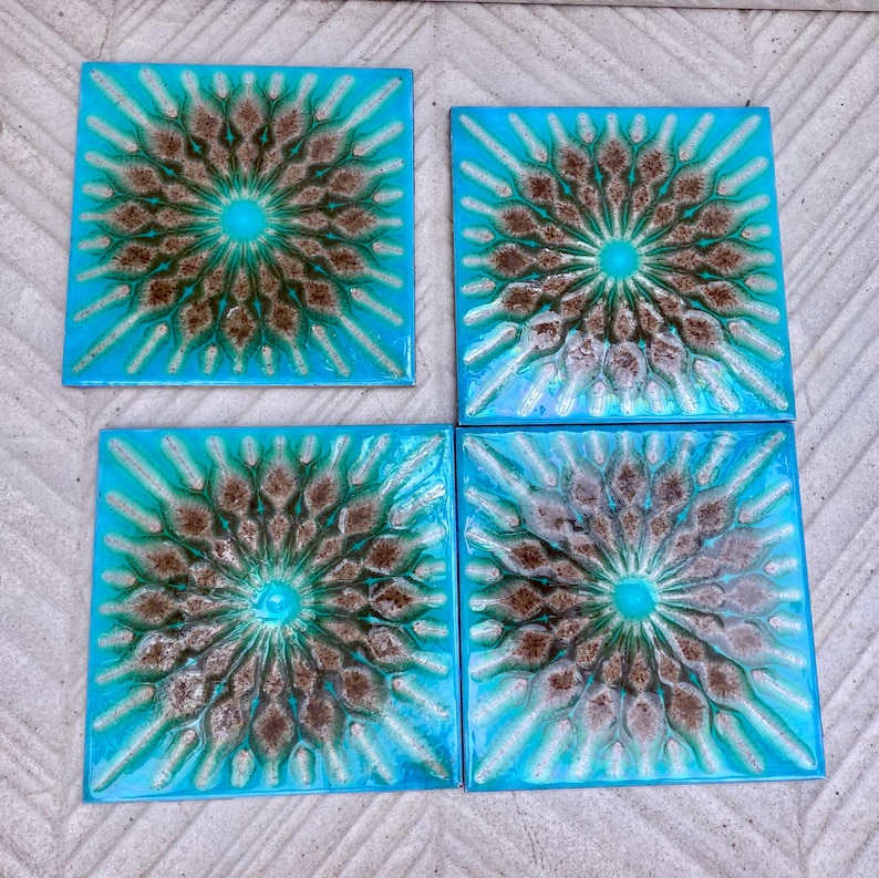 Original 70s vintage glazed blue retro tiles — set of 4, photo 9 of 10