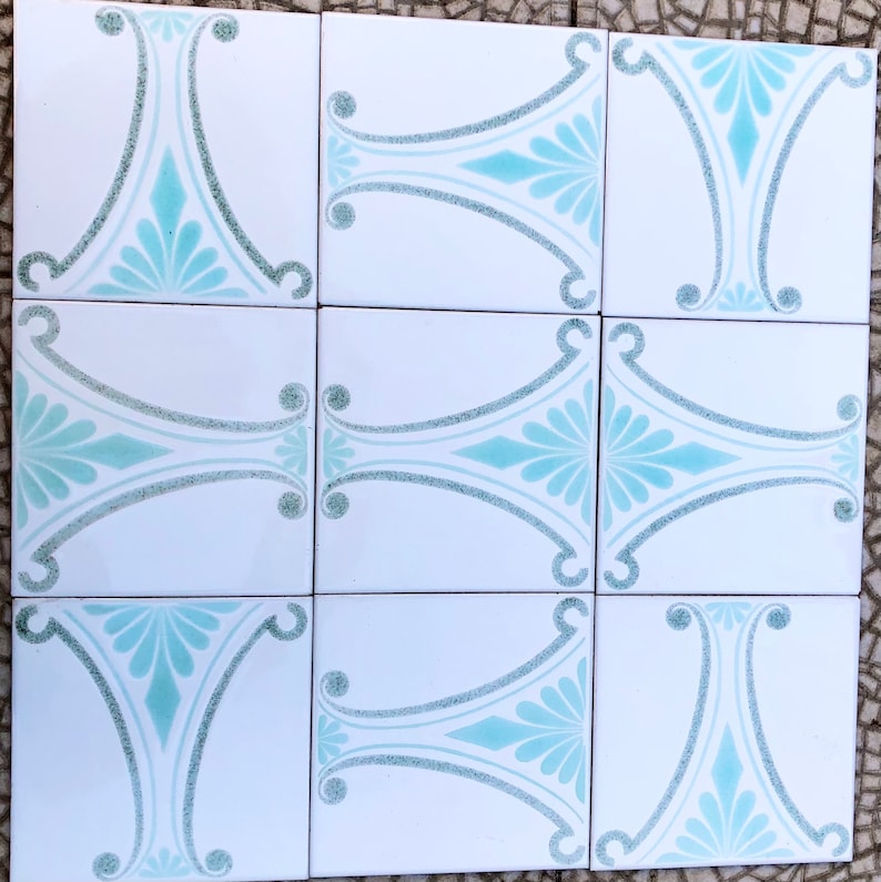 60s 70s vintage geometric tiles, Unused – 9 pc set blue, gray, white, pop art tiles, photo 2 of 9