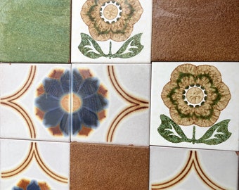 70s Spanish vintage tile mural. 9 pc fat lava mid century groovy flower tiles, pop art, geometric floral 70s wall decor, 60s flower power.