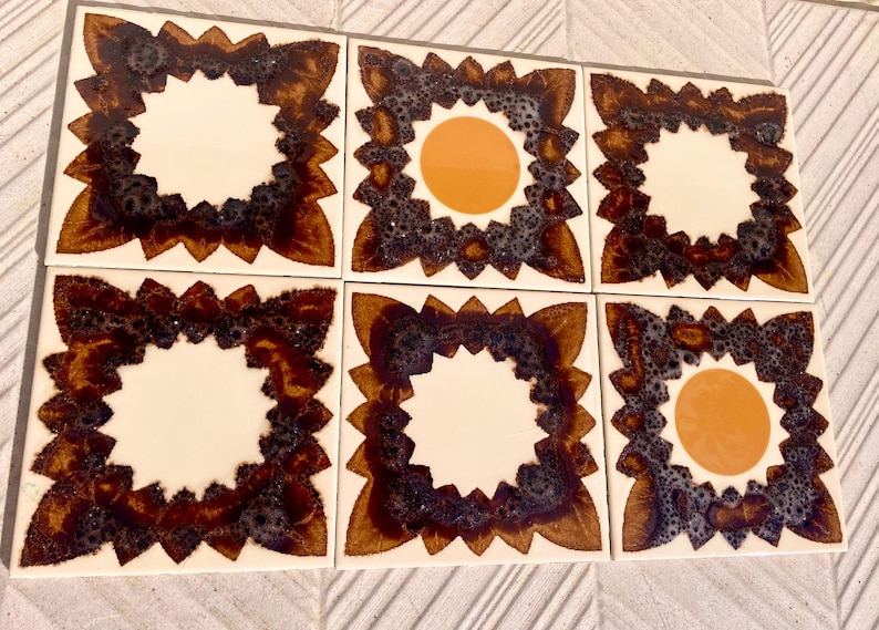 70s Spanish Vintage orange + brown tiles — set of 6, photo 2 of 10