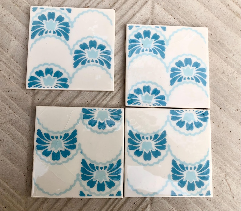 Vintage blue + white glazed retro tiles — set of 4, photo 5 of 9