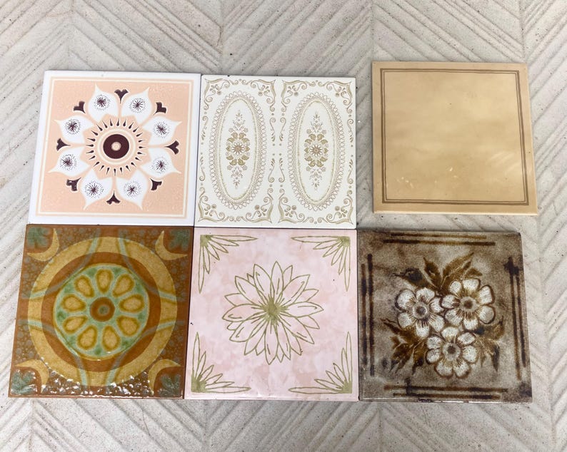 Vintage 70s tiles – 6 pc – Fat Lava Original unused + salvaged retro tiles – Brown, pink + green flower brutalist tiles, photo 3 of 10