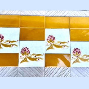 Vintage 70s tiles. 12 pc. Fat lava ORIGINAL yellow salvaged retro flower tiles. Mid century red + mustard floral backsplash. Brutalist decor