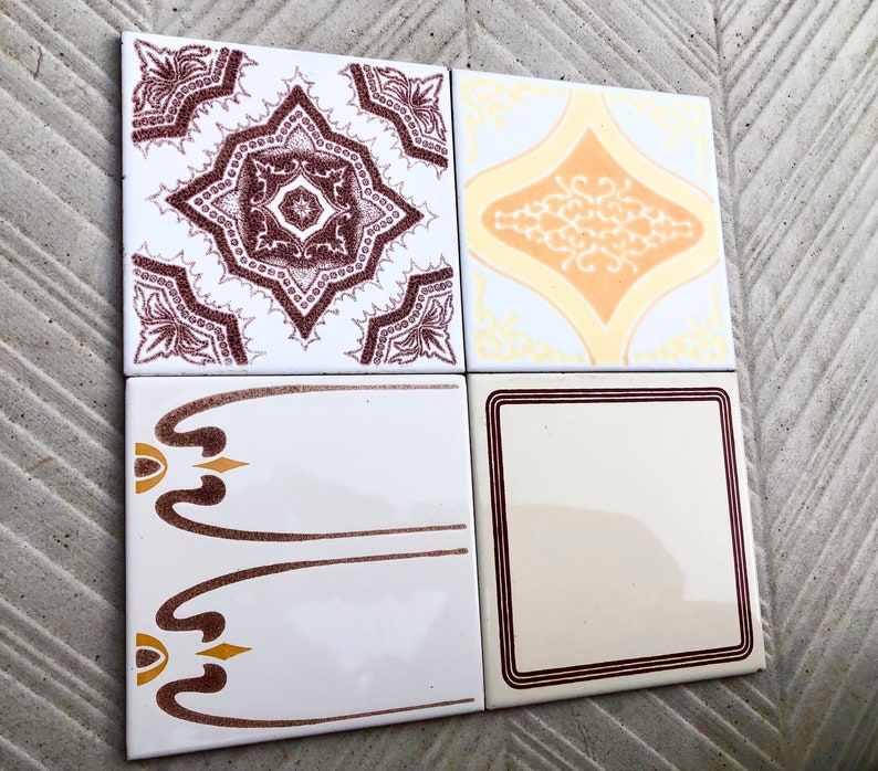 60s 70s vintage sunray geometric tiles in orange, yellow, brown — set of 4, photo 3 of 10
