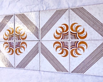 8 mid century majolica fat lava tiles from Spain.70s vintage tile mural.60s decor. Pantone era, geometric backsplash in orange and brown,
