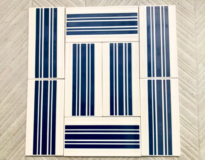 Spanish 60s 70s vintage tiles Unused – 8 pc navy blue, white, pop art tiles, photo 4 of 10