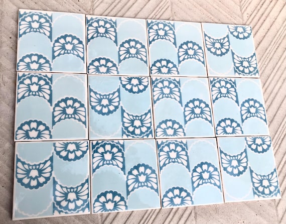 Vintage blue + white glazed retro tiles — set of 12
