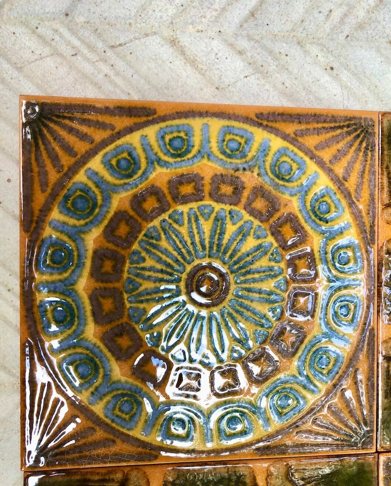 Original 70s retro tiles – Brown, yellow, blue, orange — set of 4, photo 4 of 5
