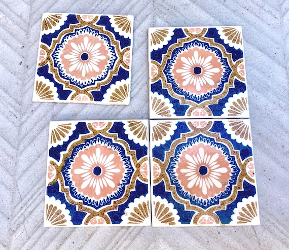 Vintage blue + pink 70s glazed tiles — set of 4