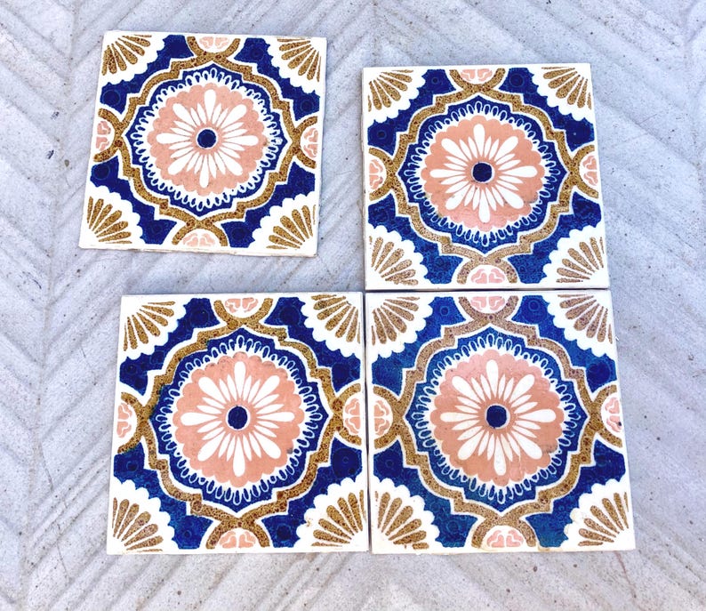 Vintage blue + pink 70s glazed tiles — set of 4, photo 1 of 7