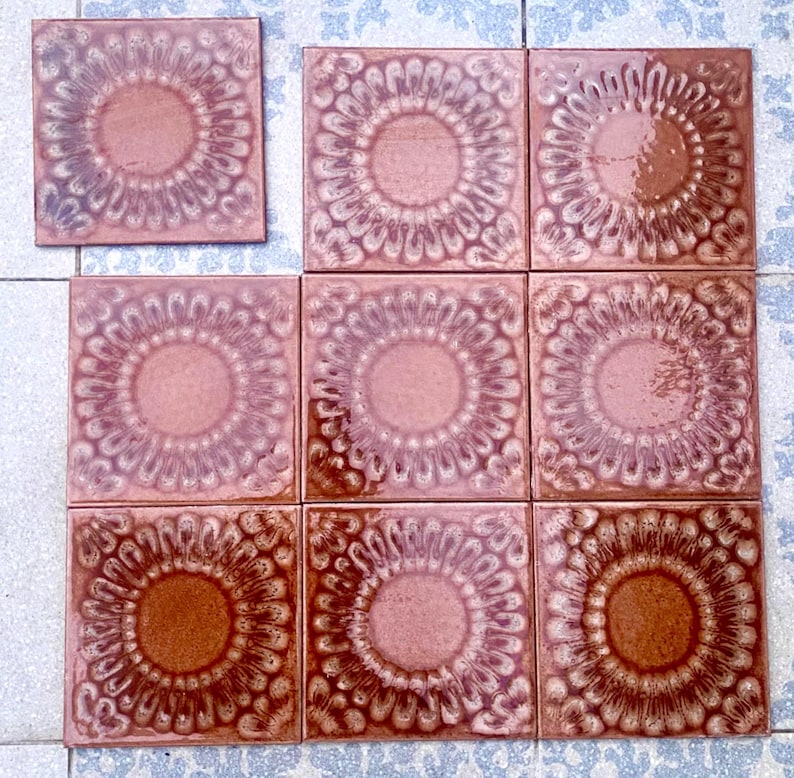 Original 70s retro Unused tiles – 9 pcs terracotta brown Fat Lava tiles, photo 2 of 10