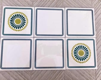 60s 70s Spanish vintage retro tiles. 6 Mid century ORIGINAL groovy flower power decorative tiles,pop art green daisies backsplash.