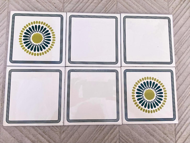 60s 70s Spanish vintage retro tiles – pop art green daisies backsplash — set of 6, photo 1 of 10