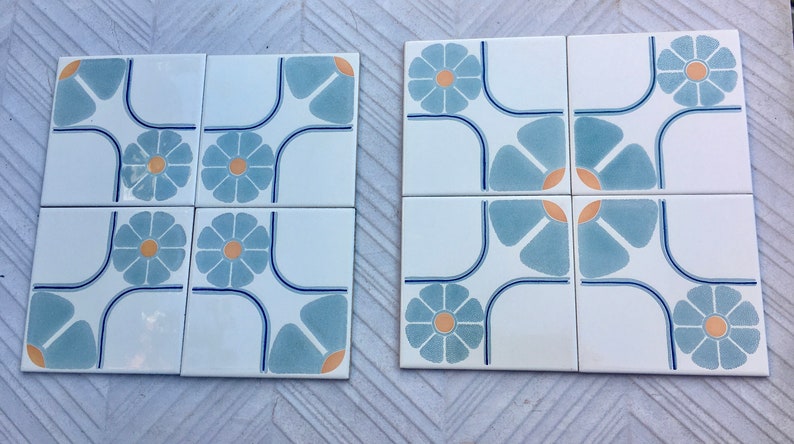 Vintage tiles from Spain – 4 tile mural – 70s flower power in blue and orange, photo 4 of 10
