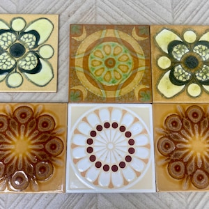 Vintage 70s tiles. 6 pc. Fat lava ORIGINAL unused + salvaged retro tiles. Mid century backsplash. Brown + blue flower brutalist art tiles