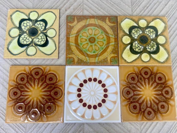 Vintage 70s tiles – 6 pc – Fat Lava Original unused + salvaged retro tiles – Brown + blue flower brutalist art tiles