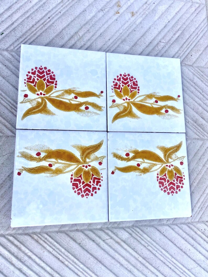 Vintage 70s tiles – 4 pc botanic - Fat Lava Original salvaged retro tiles, photo 2 of 8