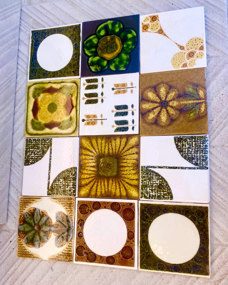 Vintage ochre, yellow, orange, green glazed retro tiles — set of 12, photo 2 of 10