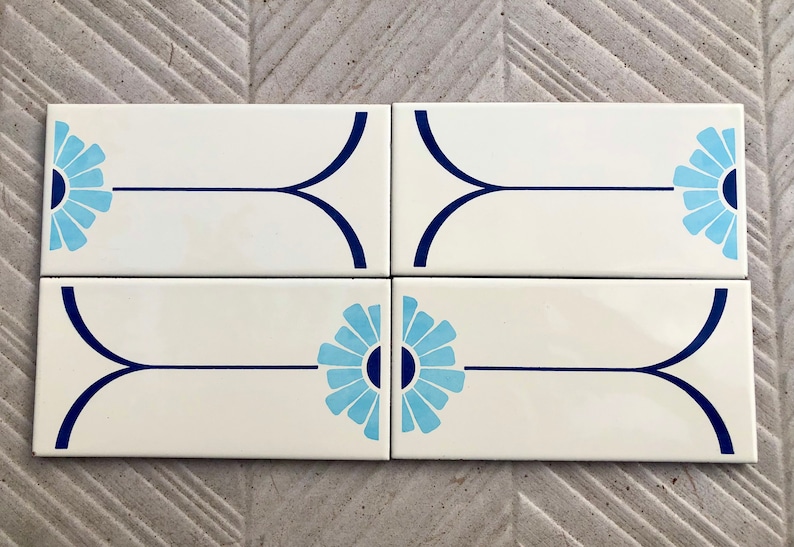 4 vintage blue + white mid century original Spanish tiles, photo 3 of 10
