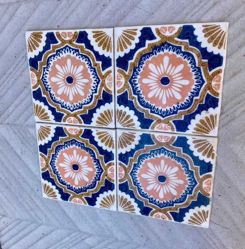 Vintage blue + pink 70s glazed tiles — set of 8, photo 6 of 9