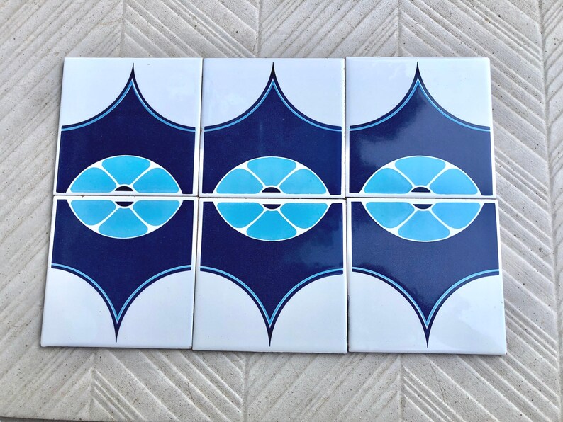 Blue tiles – Retro salvaged original 70s tiles — set of 6, photo 2 of 8