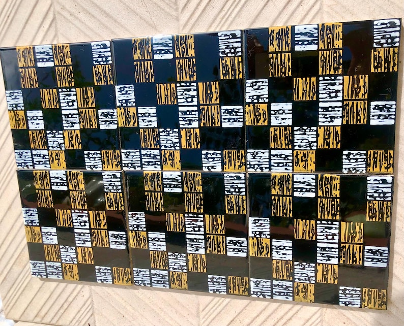 6 Spanish 50s vintage tiles – Black, mustard yellow, white, pop art style retro tiles, photo 6 of 7