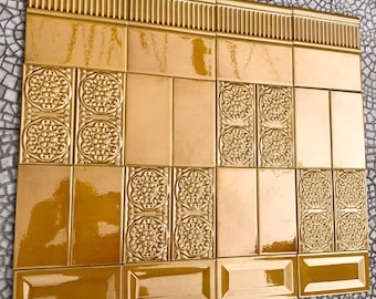 Art nouveau style floral border yellow tiles from Spain. 28 retro vintage style new tiles. Mustard tile mural. Fireplace / backsplash