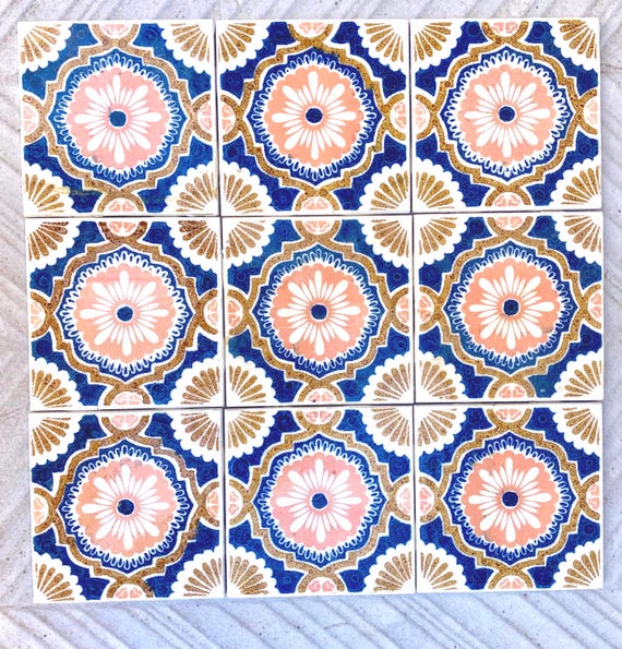 Vintage blue + pink 70s glazed tiles — set of 9