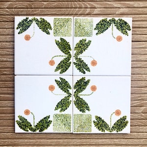 Vintage tiles from Spain. 4 tile mural. 70s geometric fat lava in green, orange. Pop art, groovy backsplash. 60s, mid century wall decor