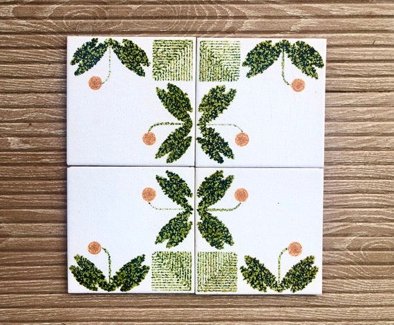 Vintage tiles from Spain – 4 tile mural – 70s geometric Fat Lava in green, orange