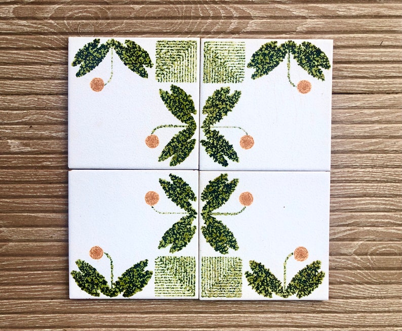 Vintage tiles from Spain – 4 tile mural – 70s geometric Fat Lava in green, orange, photo 1 of 9
