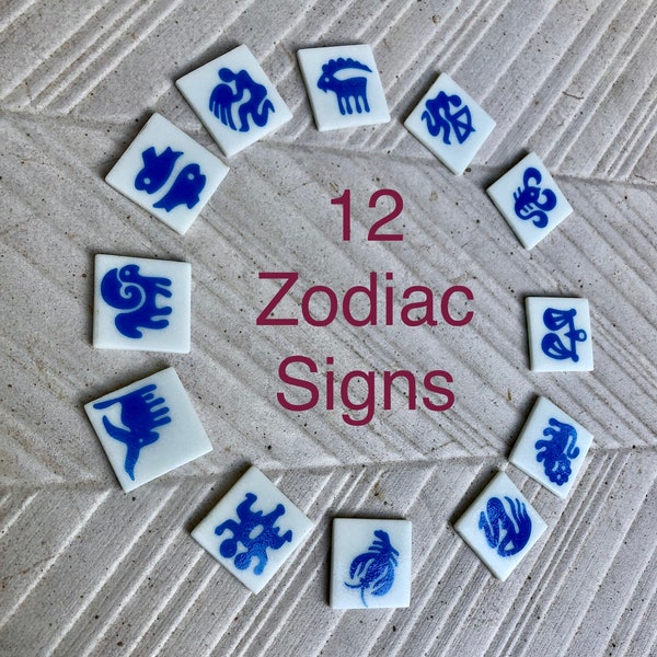 Vintage ZODIAC signs glass tiles. 70s Retro horoscope small tiles in blue and white. Astral chart tiles, 12 sun signs.0riginal unused stock.