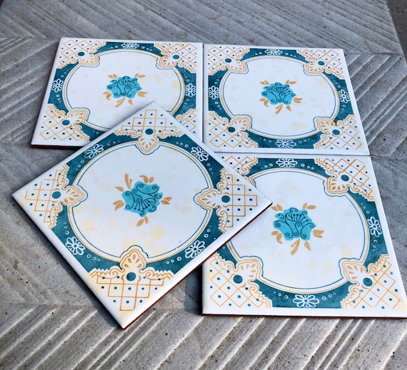 4 Spanish 70s blue and ochre tiles