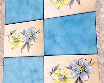 Spanish vintage floral tiles from the 70s. 6 yellow and blue fat lava style tiles. 60s wall decor, vintage wall art. Mid century home decor