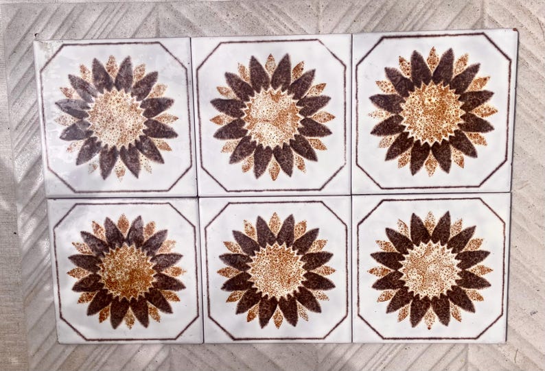 Original 70s retro tiles – 6 pcs Brown, cream, Fat Lava sunflower tiles, photo 8 of 10