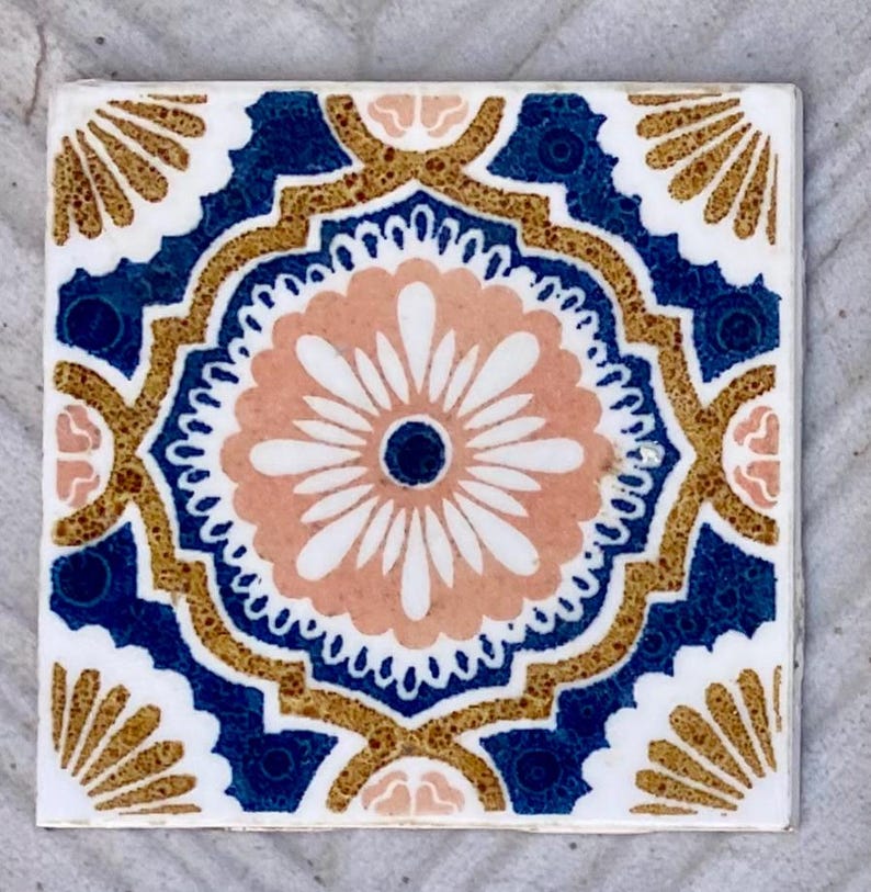 Vintage blue + pink 70s glazed tiles — set of 9, photo 2 of 6