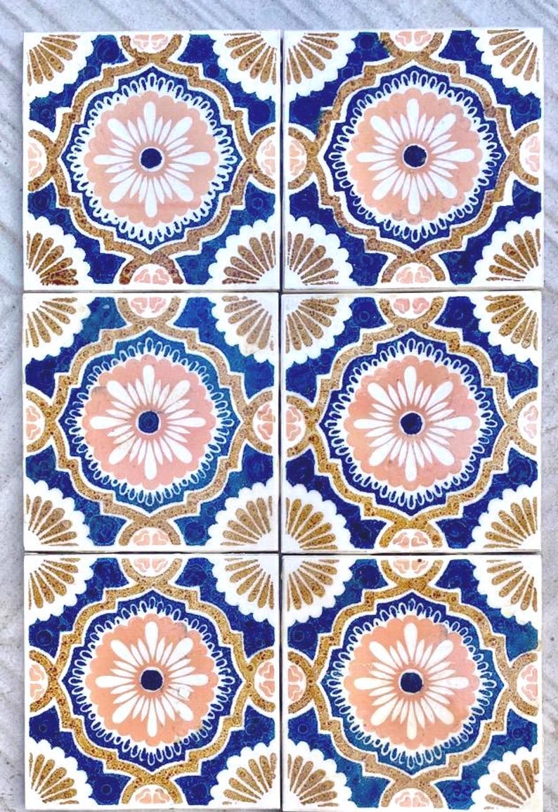 Vintage blue + pink 70s glazed tiles — set of 6, photo 2 of 6