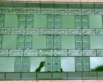 Art nouveau style floral border green tile set from Spain. 76 glazed vintage style new tiles. Majolica tile mural. Fireplace / backsplash