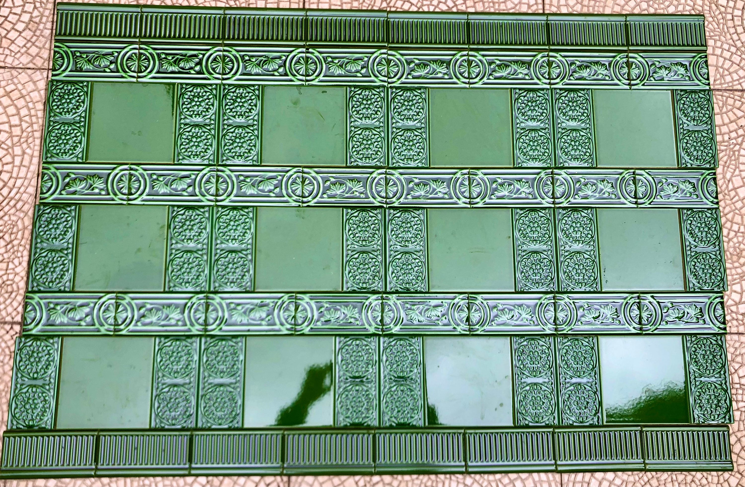 Art nouveau style floral border green tile set from Spain. 76 glazed vintage style new tiles. Majolica tile mural. Fireplace / backsplash