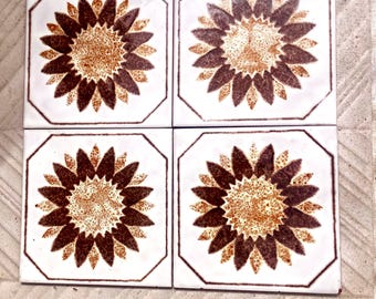 Original 70s retro tiles. 4 pcs Brown, cream, Fat lava sunflower tiles. Decorative mid century wall art. Sunray brutalist backsplash
