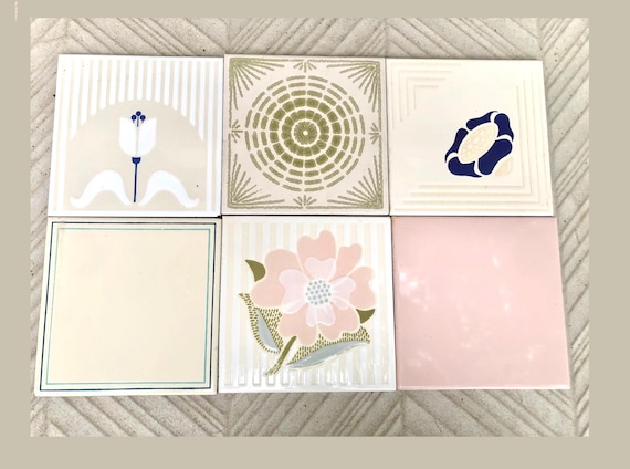 70s pink, beige, blue retro tiles — set of 6