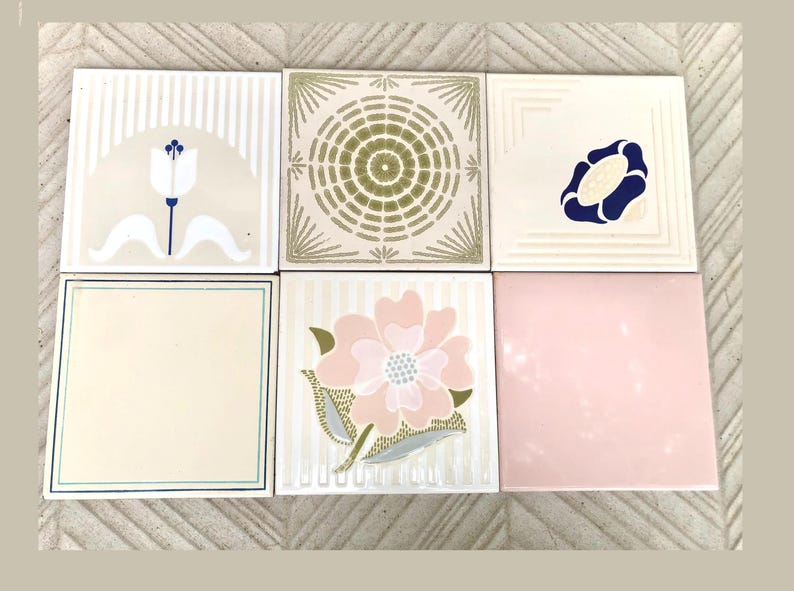 70s pink, beige, blue retro tiles — set of 6, photo 1 of 10