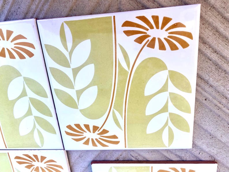 60s 70s Spanish vintage retro tiles – pop orange + green daisies backsplash — set of 4, photo 3 of 7