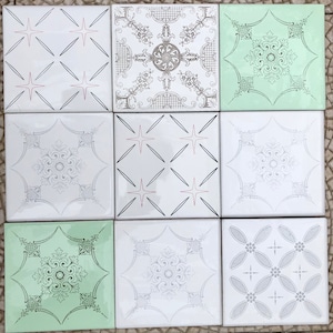 60s 70s vintage atomic tiles, UNUSED. 9 pc set mint,pink, gray + white, retro original unused tiles. Mid century backsplash,  wall decor