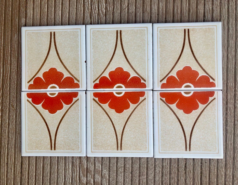 60s 70s Spanish vintage retro tiles – pop art orange geometric MCM backsplash — set of 6, photo 2 of 9