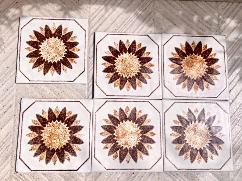 Original 70s retro tiles – 6 pcs Brown, cream, Fat Lava sunflower tiles, photo 9 of 10