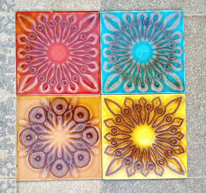 Spanish vintage glazed 70s tiles — set of 4, photo 2 of 10