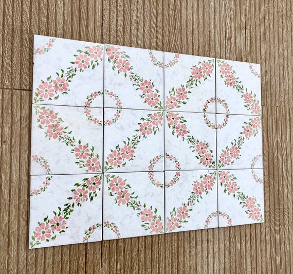 Spanish 60s 70s Pink Romantic Retro Tiles. 12 Pc Set. Vintage Mid