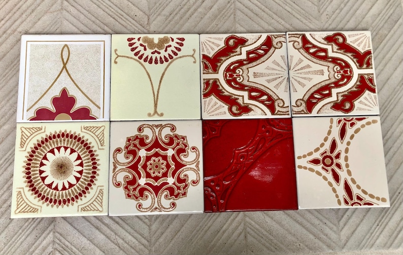 8 Spanish 70s vintage tiles – Mid century red, brown geometric Fat Lava tiles, photo 7 of 7